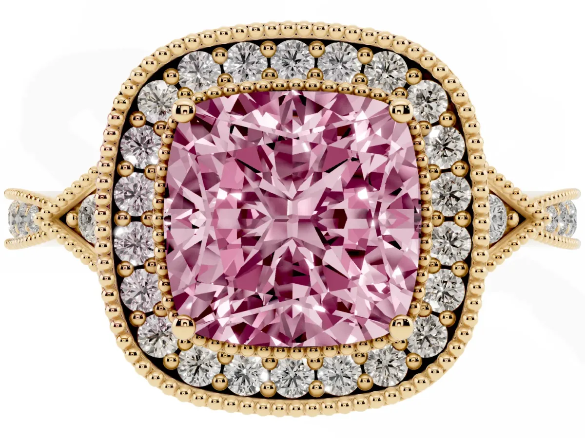 Fancy Pink Cushion Cut Halo Round Diamond Milgrain Pave Engagement Ring Yellow gold