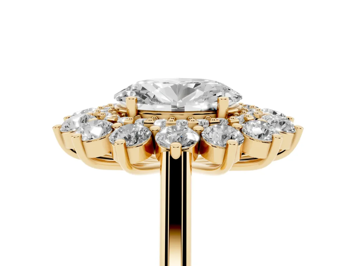 Oval Cut Diamond Floral Double Halo Engagement Ring with Prong Setting Yellow gold