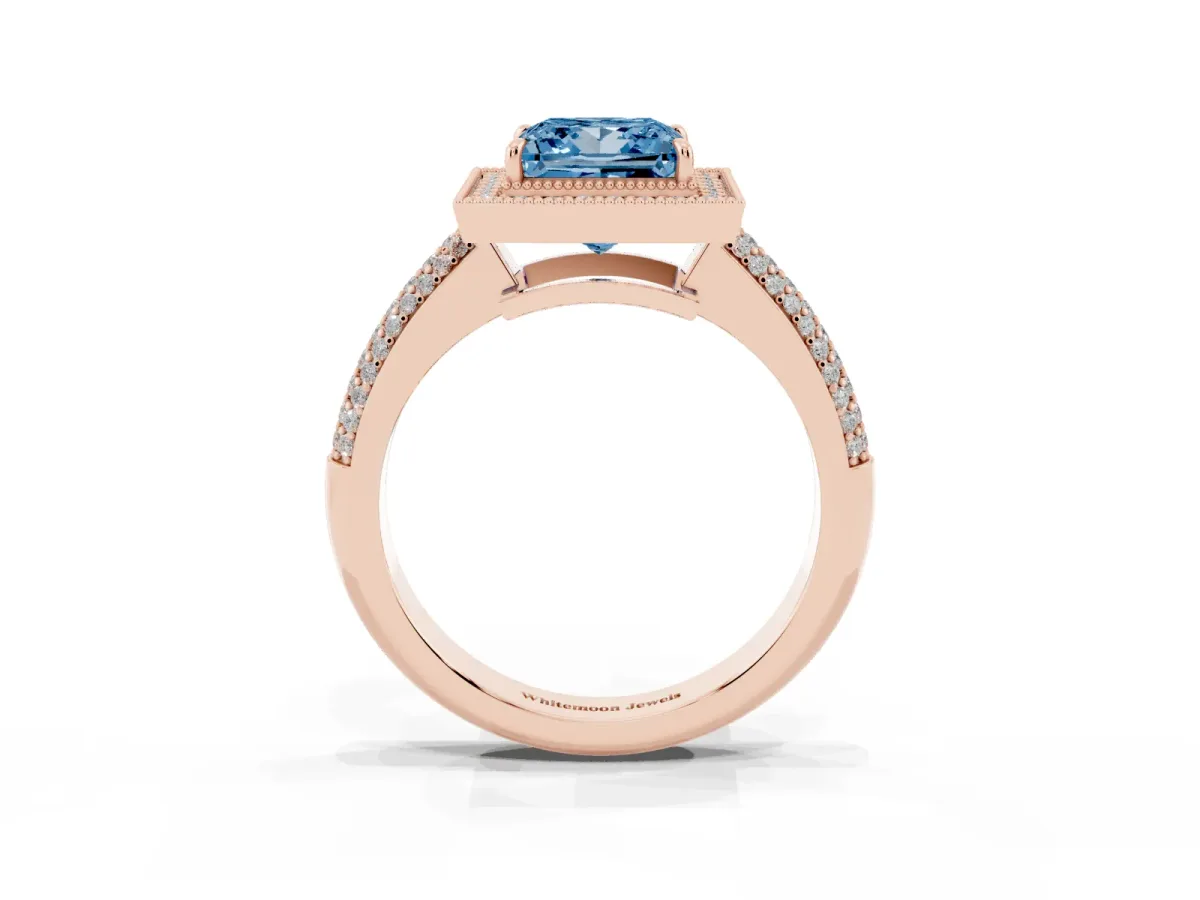 Fancy Blue Princess Cut Cut Halo Diamond Pave Band with Four-Prong Setting Rose gold