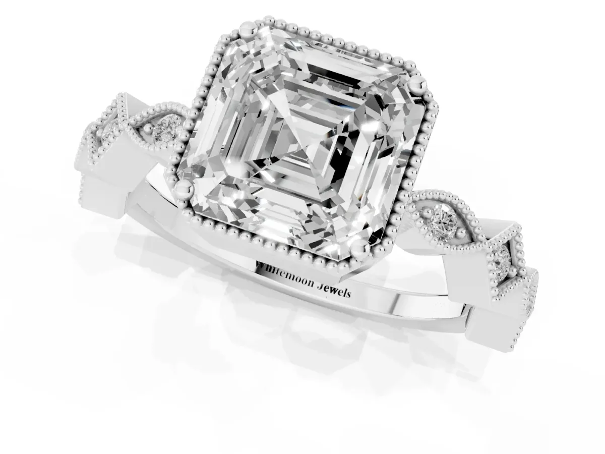 Asscher Cut Milgrain Marquise Diamond Twist Band Ring Silver