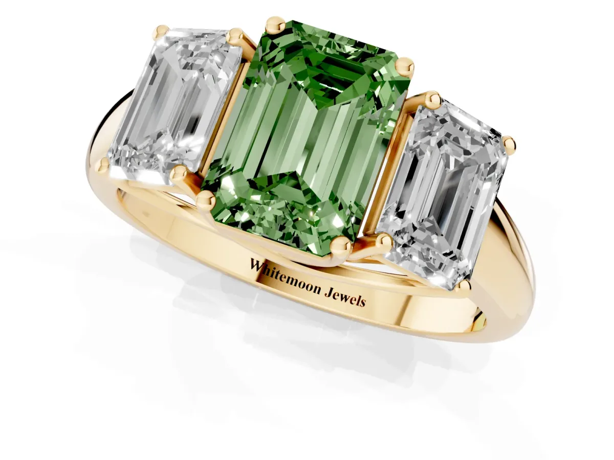 Fancy Green Three-Stone Emerald Cut Diamond Engagement Ring with Prong Setting Yellow gold