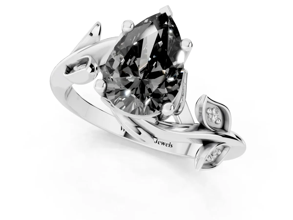 Fancy Black Pear Cut Solitaire Twist Engagement Ring with Leaf Accents and Prong Setting Silver
