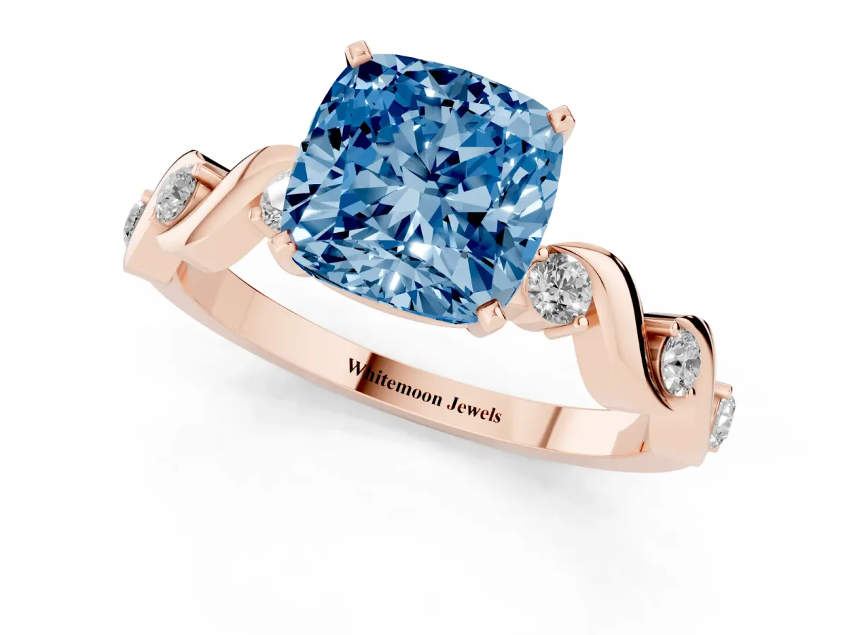 Fancy Blue Cushion Cut Diamond Solitaire Twisted Band with Round Accents and Prong Setting Rose gold
