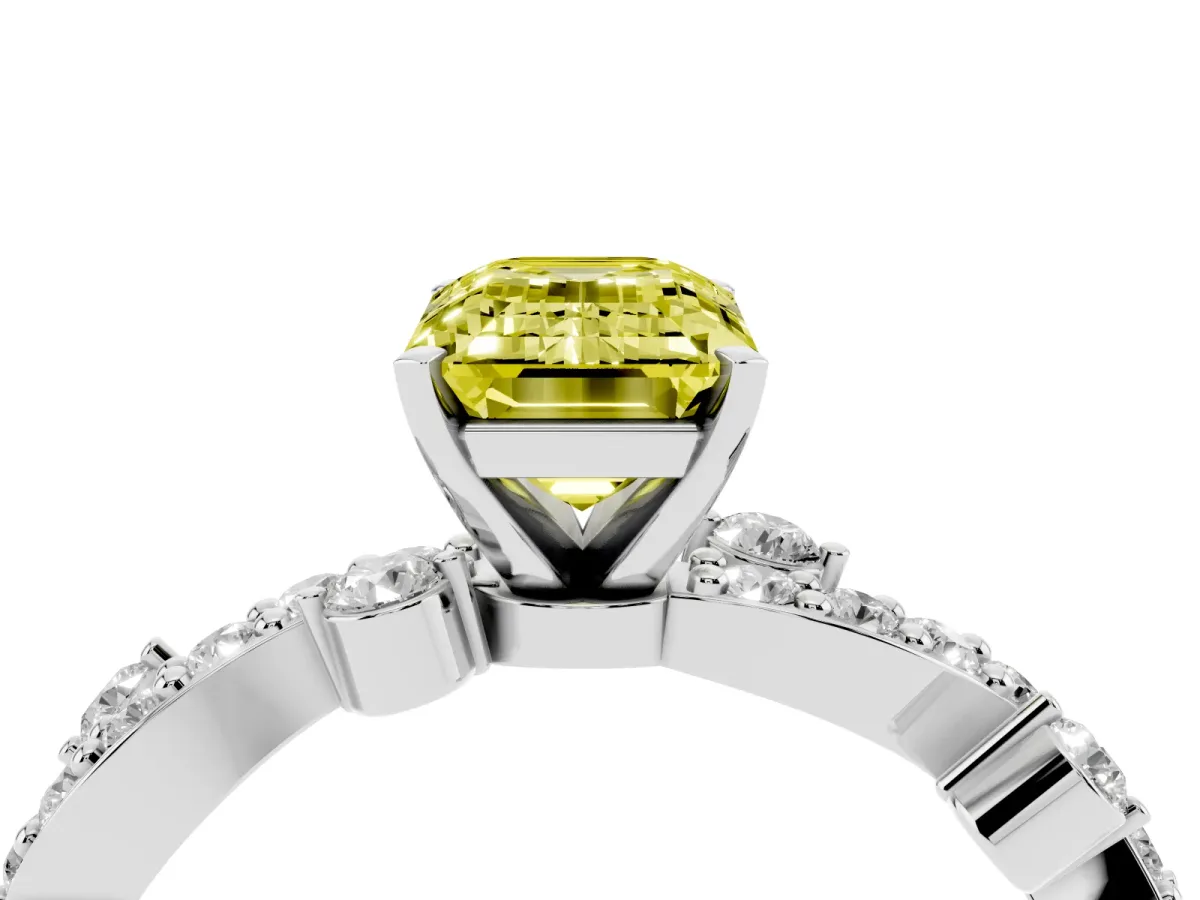 Fancy Yellow Emerald Cut Cut Solitaire Diamond Twisted Band with Pave Setting Silver