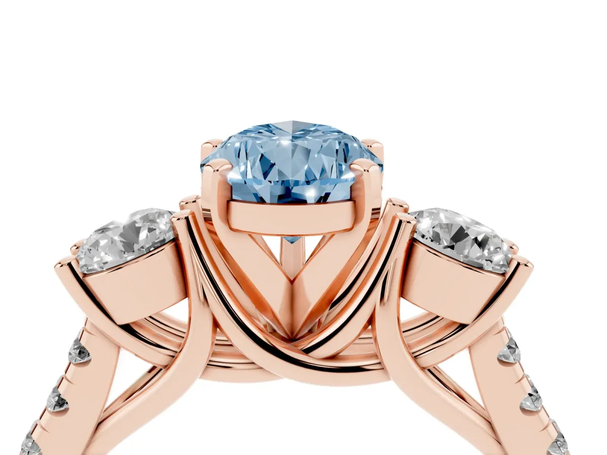 Fancy Blue Three-Stone Pear Cut Diamond Pavé Band with Four-Prong Setting Rose gold