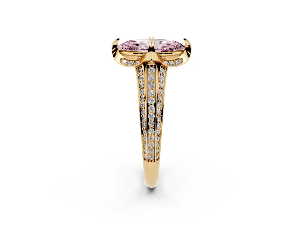 Fancy Pink Marquise Cut Solitaire Pave Split Shank Ring with Four-Prong Setting Yellow gold