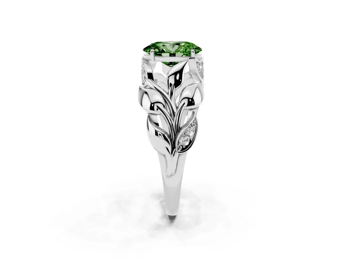 Fancy Green Oval Cut Diamond Leaf-Inspired Engagement Ring with Round Accents and Prong Setting Silver