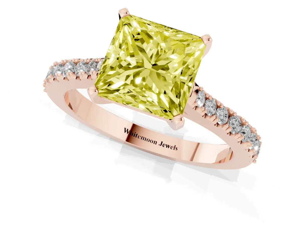 Fancy Yellow Princess Cut Cut Solitaire Diamond Engagement Ring with Pave Band and Four-Prong Setting Rose gold