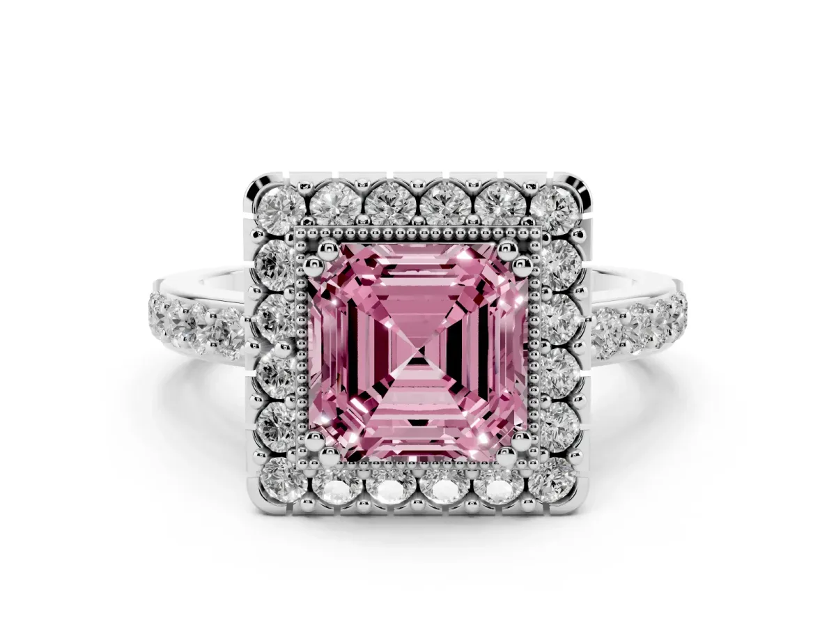 Fancy Pink Asscher Cut Diamond Halo Ring with Pavé Band and Prong Setting Silver