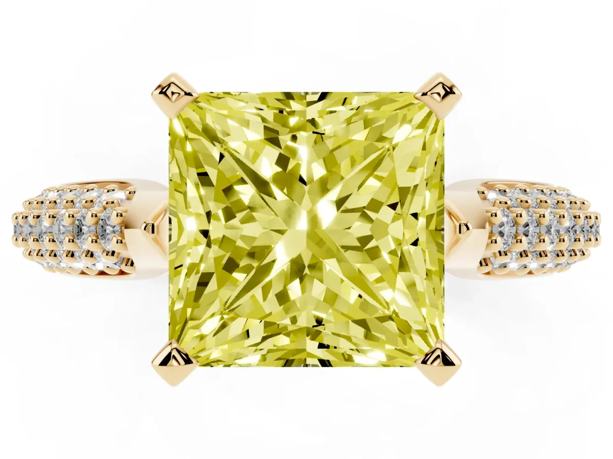 Fancy Yellow Princess Cut Diamond Solitaire Engagement Ring with Multi-Row Round Pavé Band and Prong Setting Yellow gold