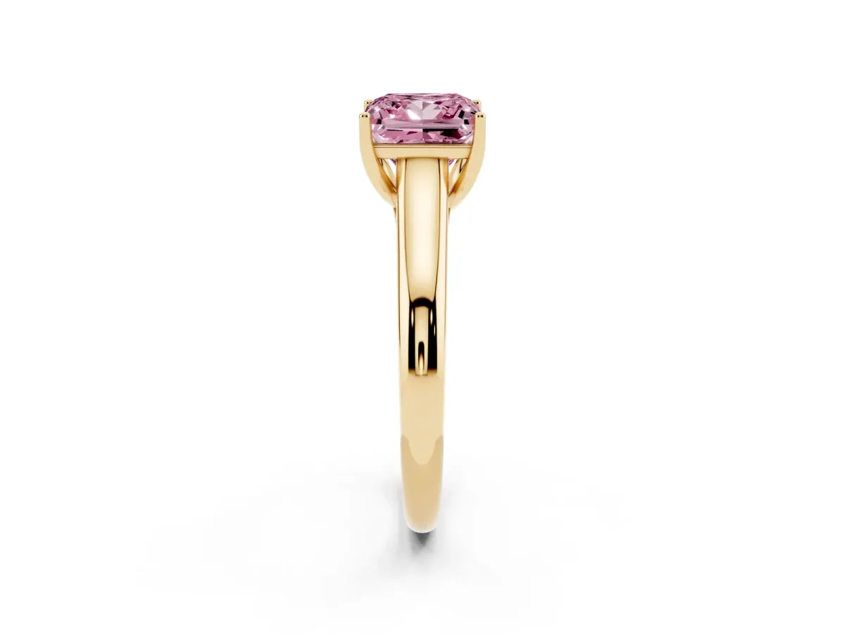 Fancy Pink Princess Cut Solitaire Engagement Ring with Tapered Band and Four-Prong Setting Yellow gold