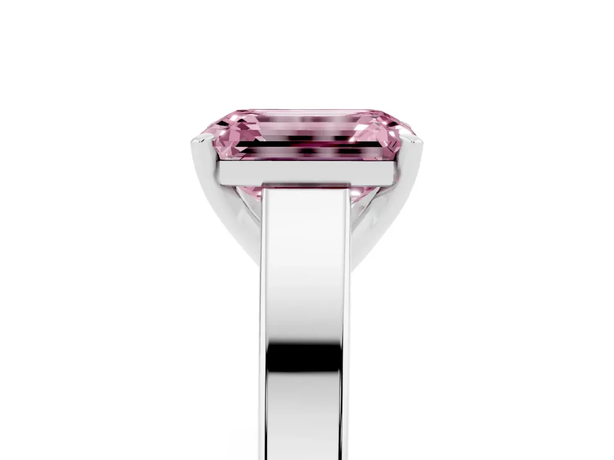 Fancy Pink Emerald Cut Solitaire Engagement Ring with Four-Prong Setting and Tapered Band Silver