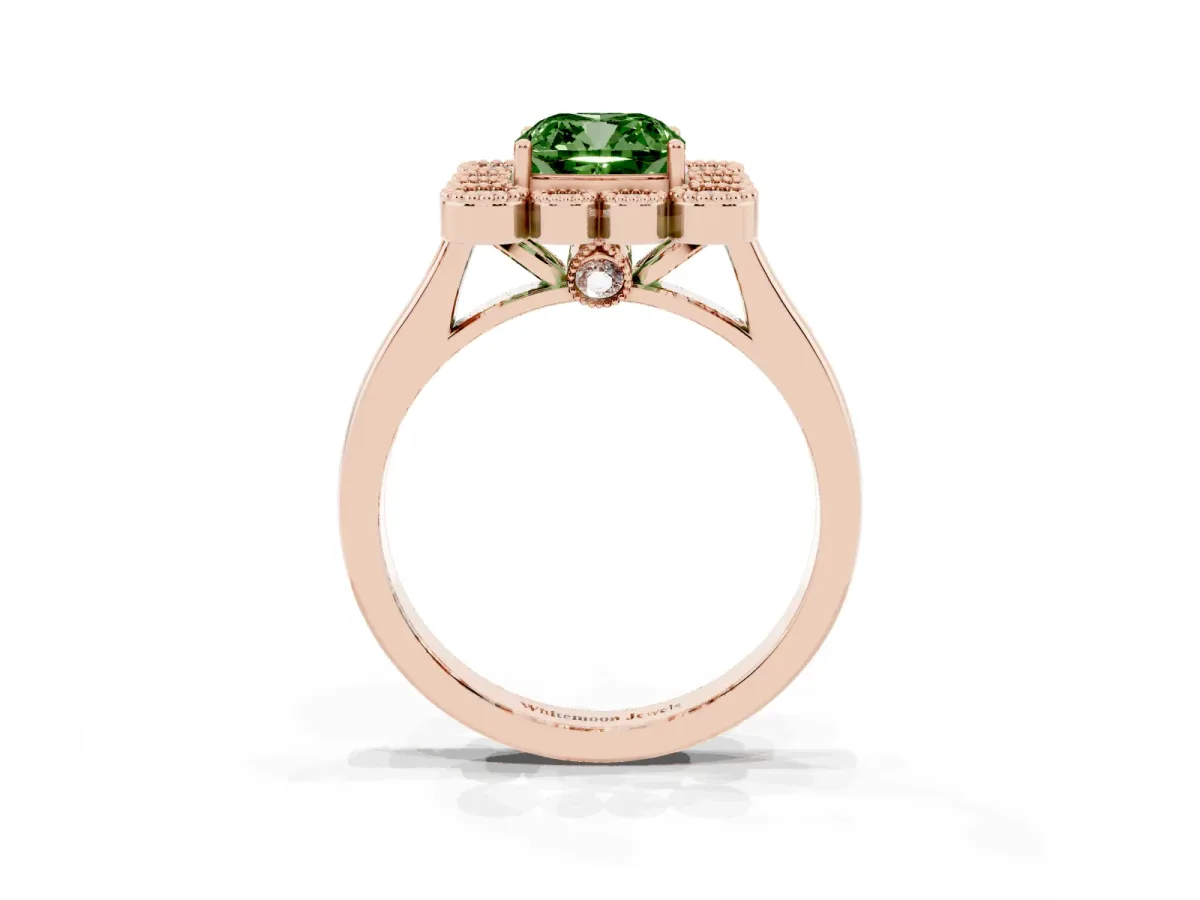 Fancy Green Cushion Cut Halo Diamond Cluster Engagement Ring with Milgrain Bezel Setting and Solitaire Band Rose gold