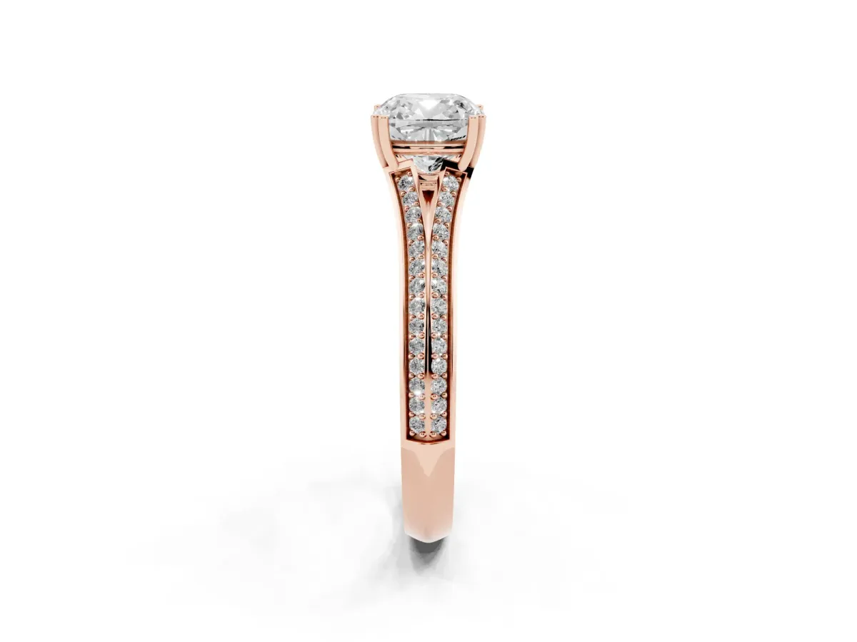 Cushion Cut Diamond Split Shank Engagement Ring with Pavé Band Rose gold