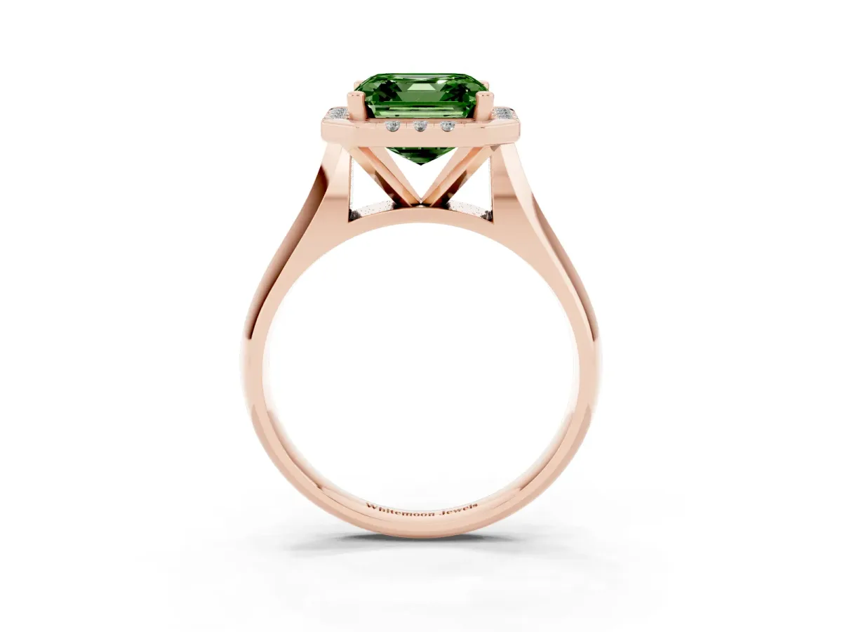Fancy Green Asscher Cut Cut Halo Solitaire Engagement Ring with Square Band and Four-Prong Setting Rose gold
