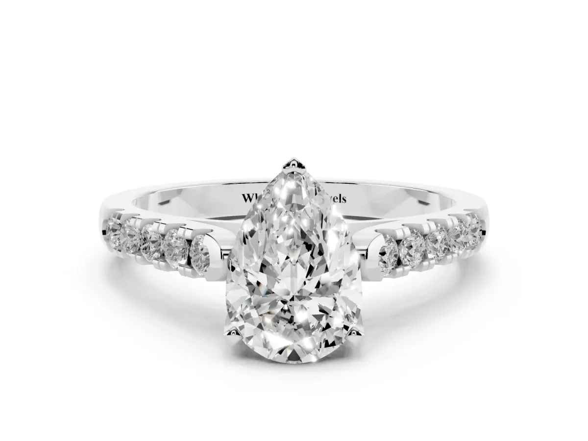 Pear Cut Diamond Pavé Band Solitaire Ring with Prong Setting Silver