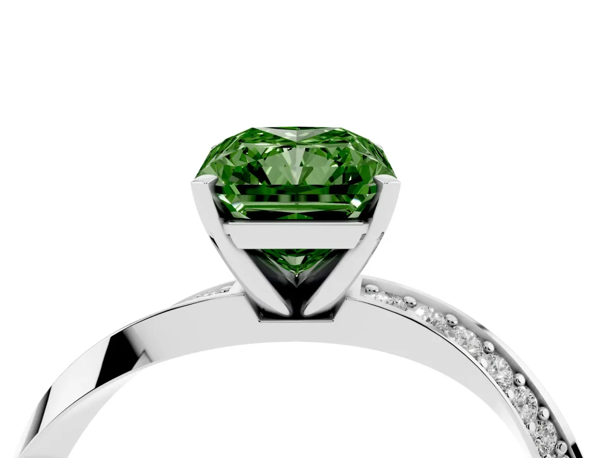 Fancy Green Radiant Cut Diamond Engagement Ring with Side Stone Accents and Four-Prong Setting Platinum