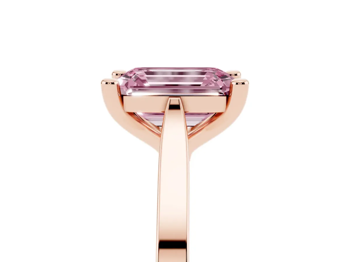 Fancy Pink Emerald Cut Solitaire Diamond Ring with Four-Prong Setting and Tapered Band Rose gold