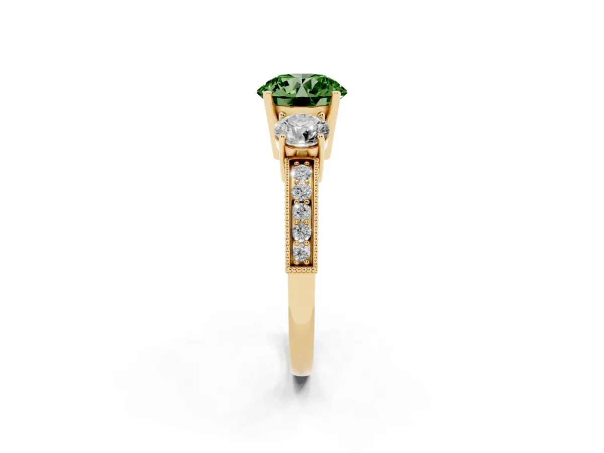 Fancy Green Round Cut Three-Stone Diamond Ring with Pavé Band and Four-Prong Setting Yellow gold