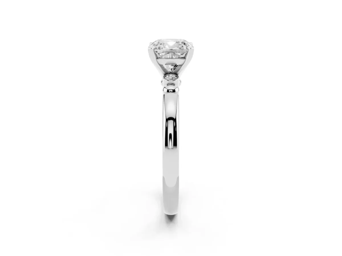 Cushion Cut Solitaire Beaded Band with Four-Prong Setting Silver