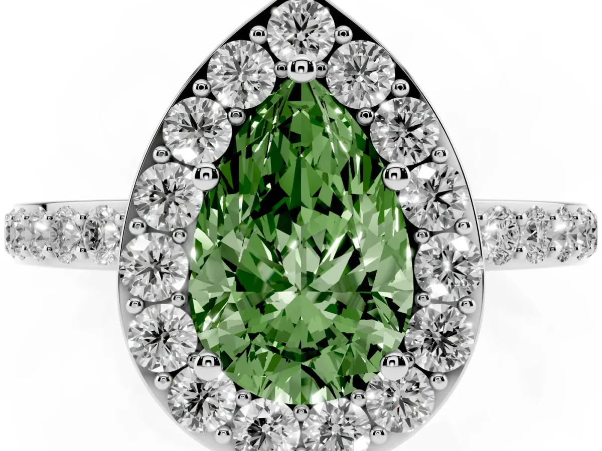Fancy Green Pear Cut Halo Diamond Pavé Band Ring with Prong Setting Silver