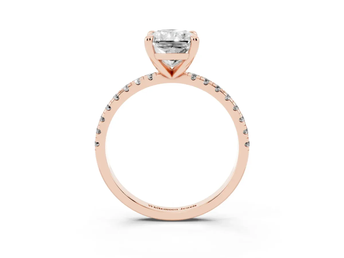 Radiant Cut Diamond Brilliant Solitaire Ring with Pavé Band and Four-Prong Setting Rose gold
