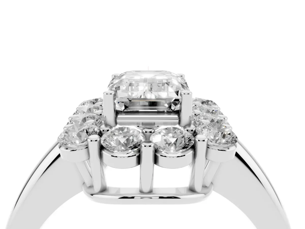 Emerald Cut Halo Cluster Diamond Engagement Ring with Prong Setting and Polished Band Silver