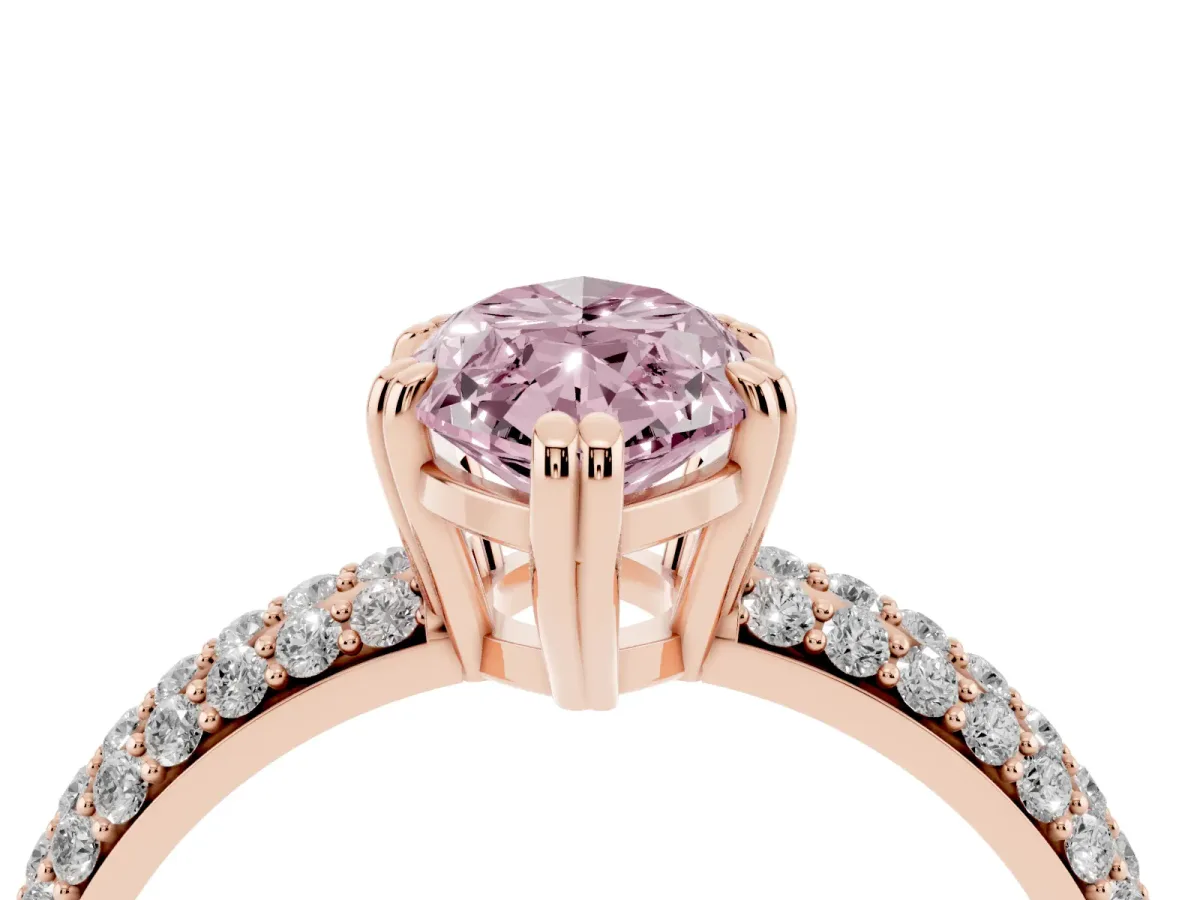 Fancy Pink Marquise Cut Diamond Solitaire Ring with Multi-Row Round Pavé Band and Prong Setting Rose gold