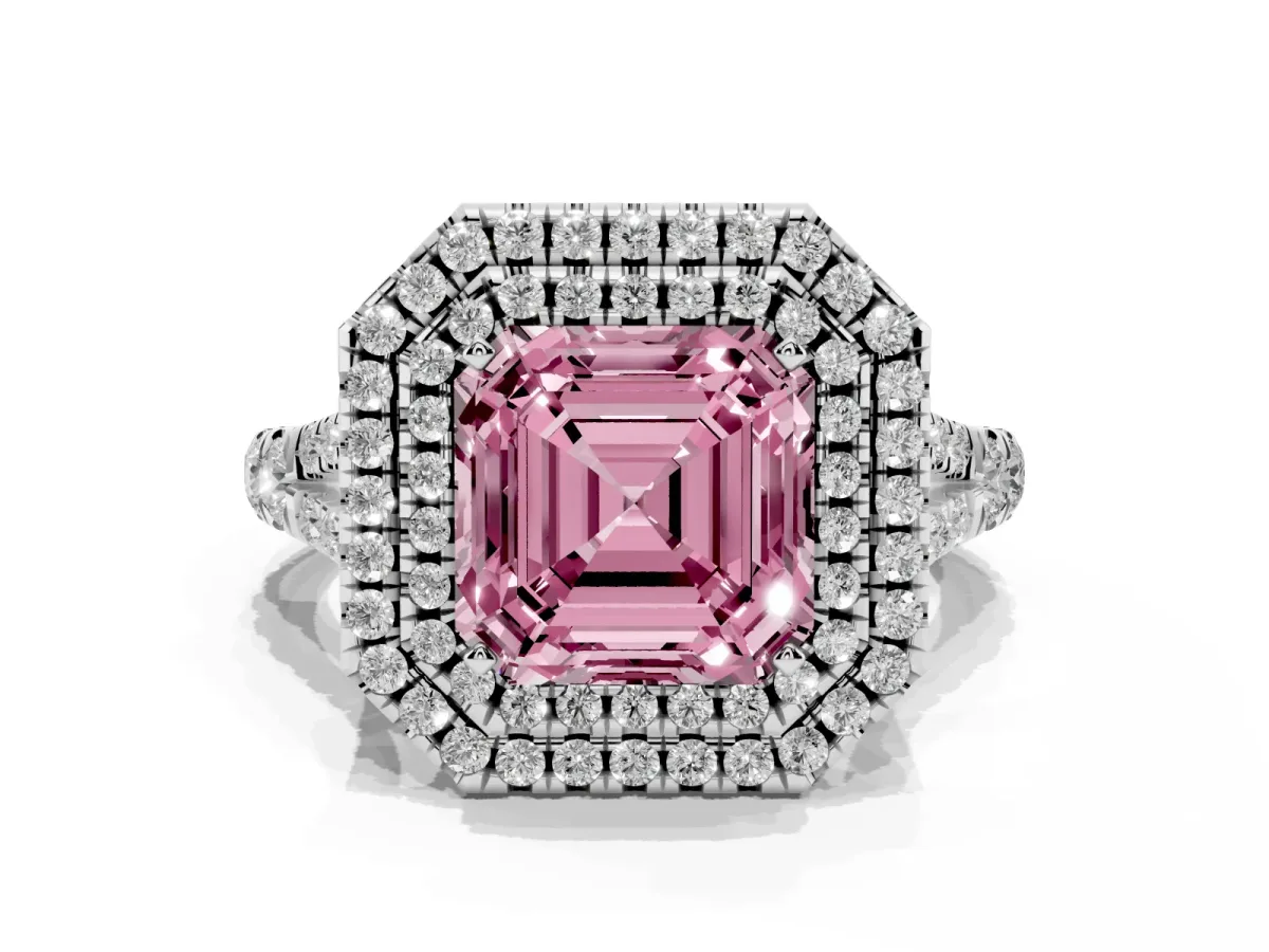 Fancy Pink Asscher Cut Diamond Pavé Split Shank Double Halo Engagement Ring Silver