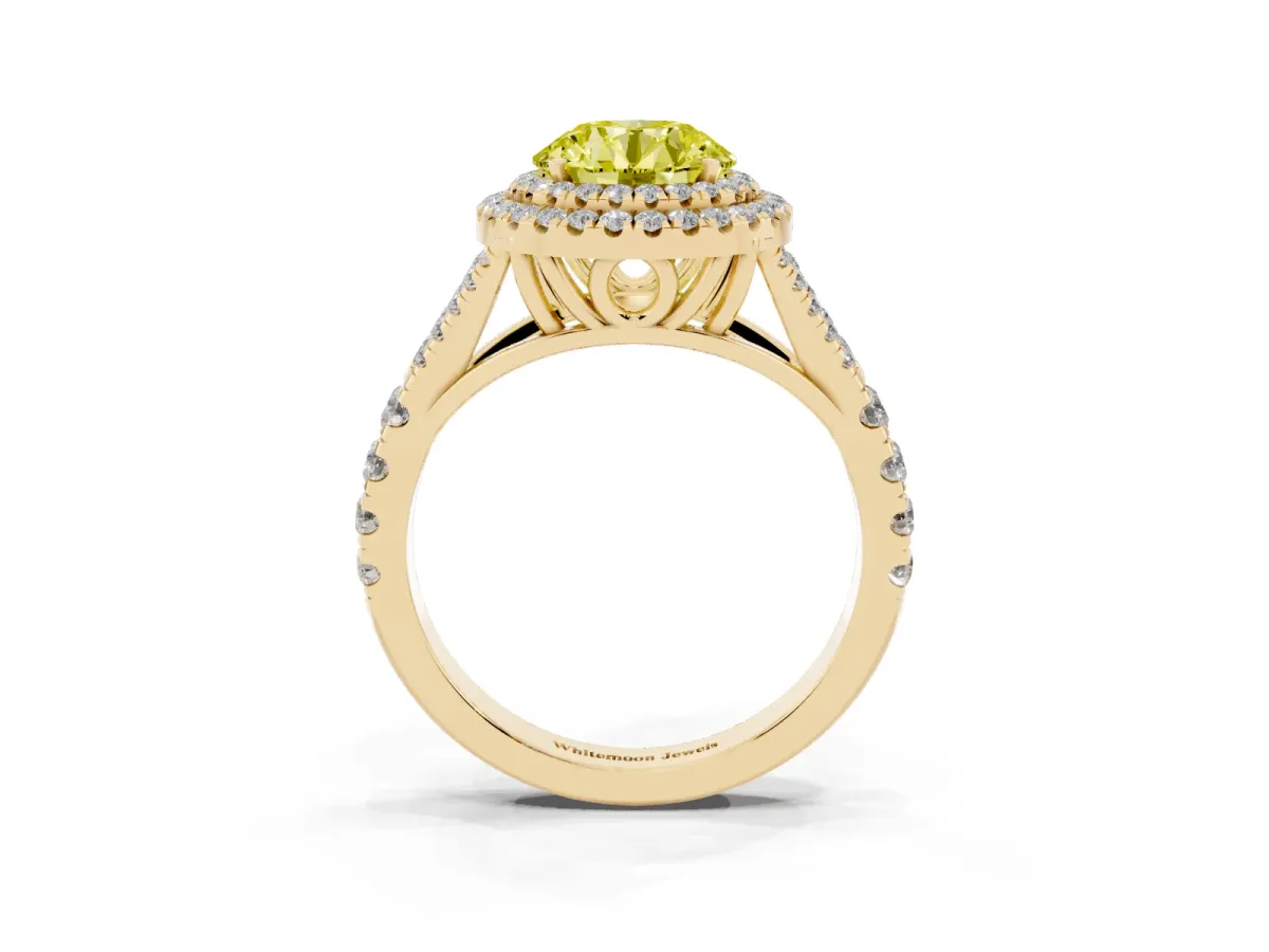Fancy Yellow Double Halo Round Cut Diamond Split Shank Engagement Ring with Four-Prong Setting Yellow gold