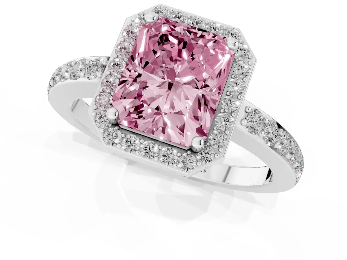 Fancy Pink Radiant Cut Halo Diamond Pavé Band Ring with Prong Setting Platinum