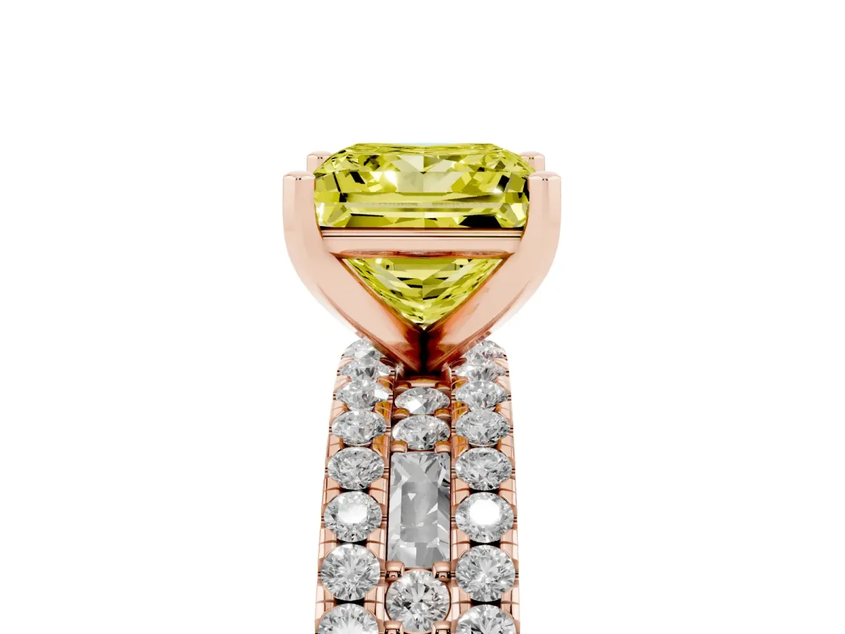 Fancy Yellow Princess Cut Diamond Solitaire Ring with Pavé and Channel Set Band Rose gold