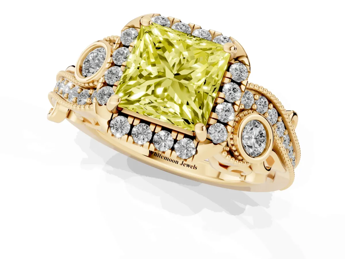 Fancy Yellow Princess Cut Diamond Halo Ring with Milgrain Pavé Band and Four-Prong Setting Yellow gold