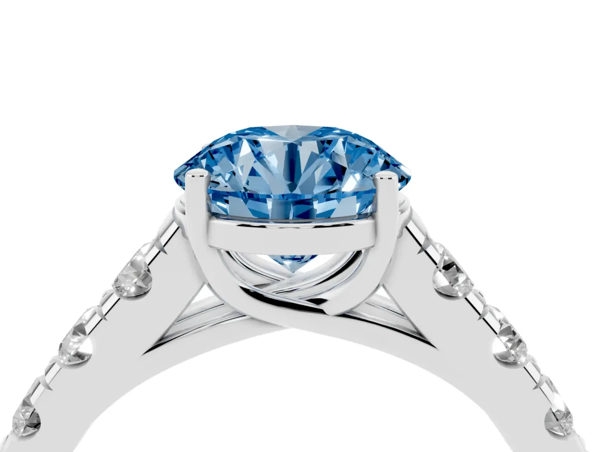 Fancy Blue Round Cut Cut Diamond Solitaire Ring with Micro Pave Band and Prong Setting Silver