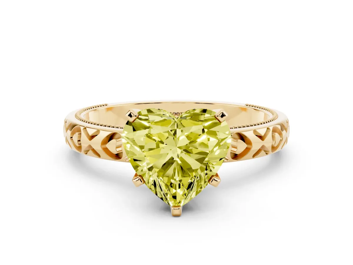Fancy Yellow Heart Cut Solitaire Diamond Engagement Ring with XO Engraved Band and Four-Prong Setting Yellow gold