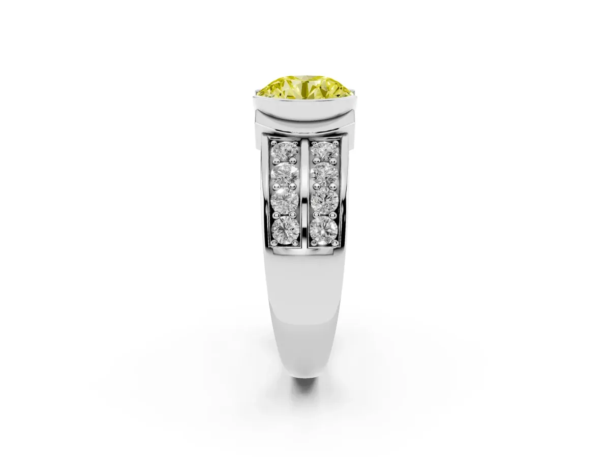 Fancy Yellow Round Cut Brilliant Diamond Channel Set Wide Band Ring with Bezel Setting White gold