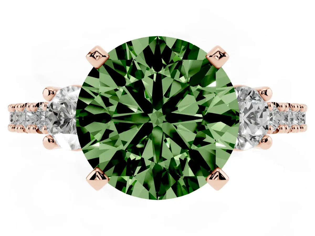 Fancy Green Round Cut Three-Stone Diamond Pavé Band with Prong Setting Rose gold