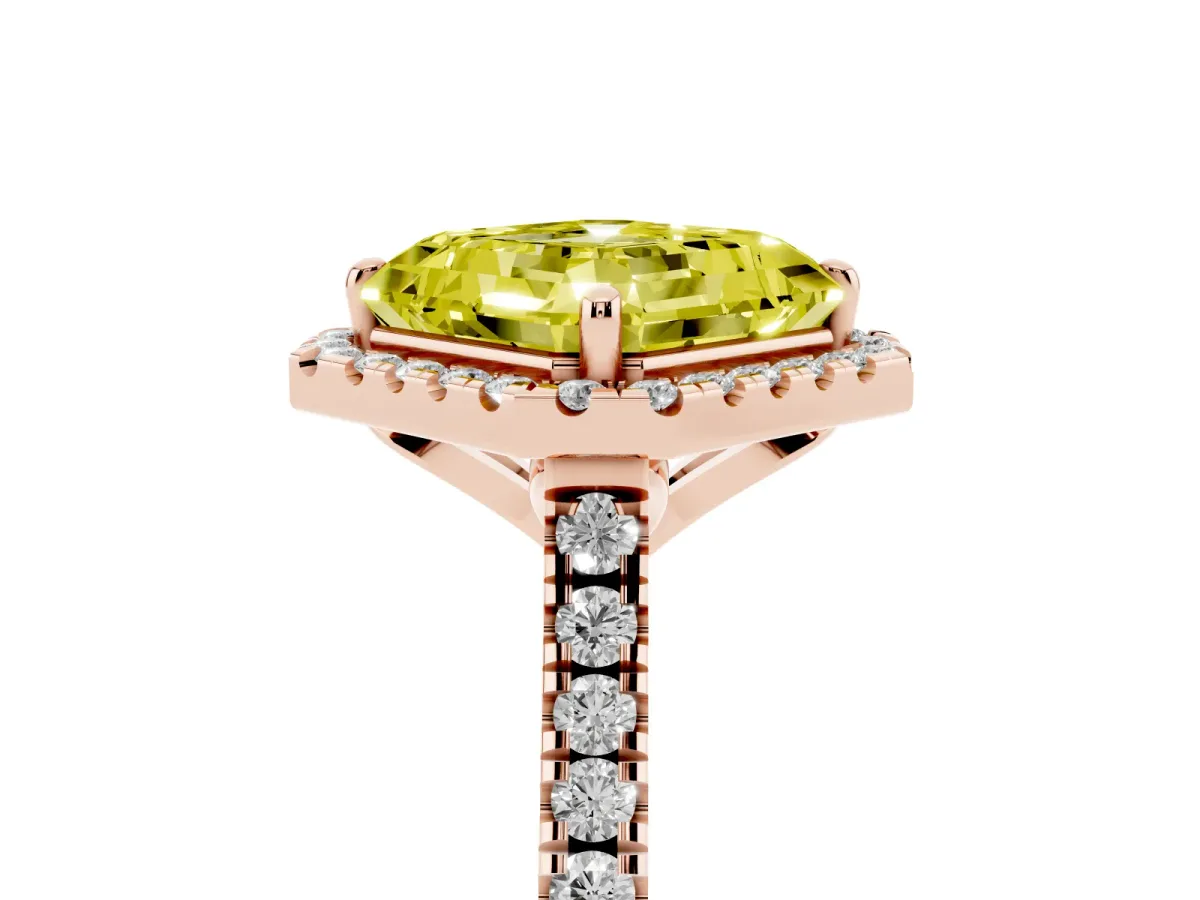 Fancy Yellow Asscher Cut Diamond Cushion Halo Ring with Pavé Band Rose gold