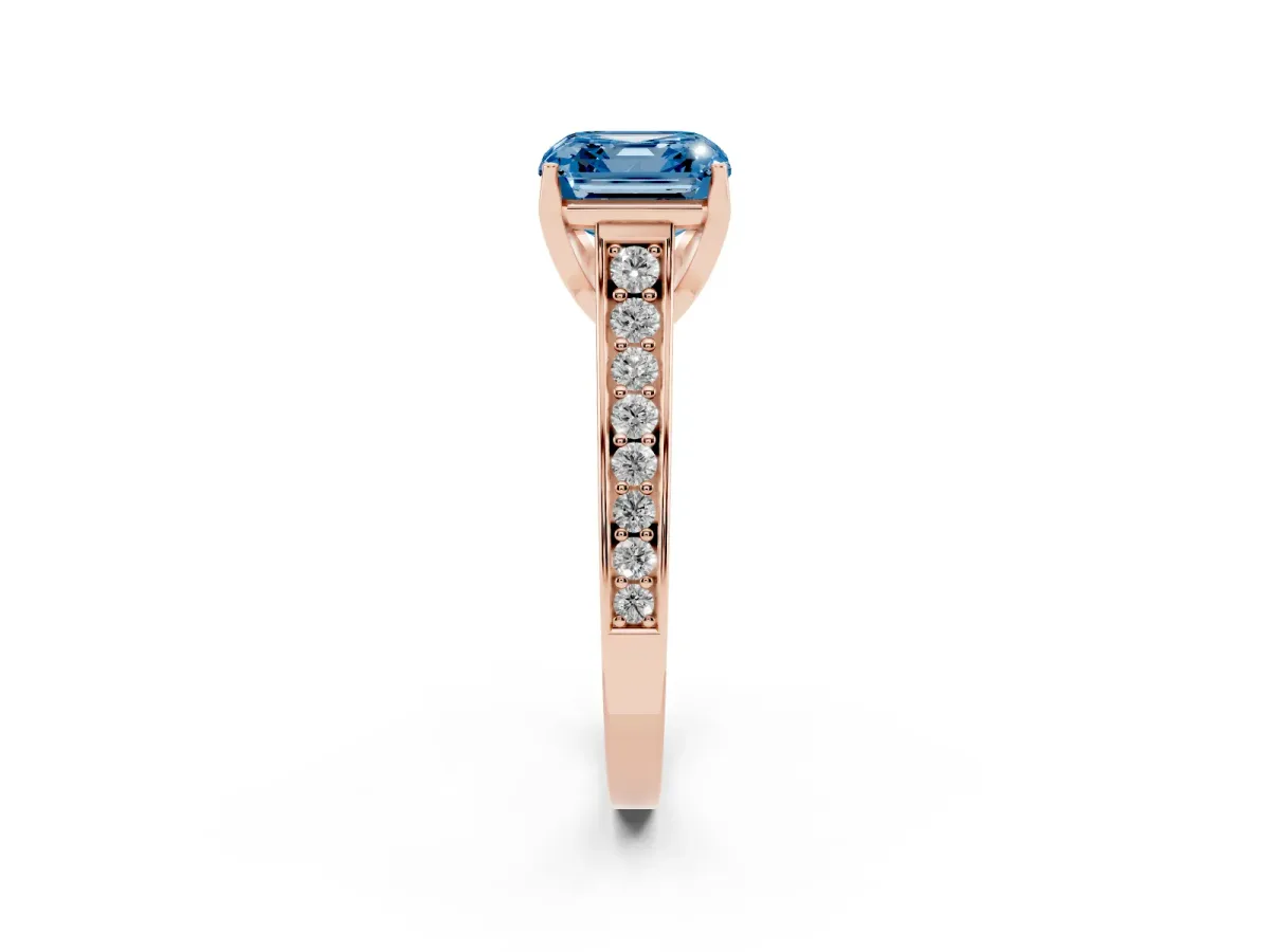 Fancy Blue Asscher Cut Brilliant Cut Diamond Engagement Ring with Pavé Band and Four-Prong Setting Rose gold