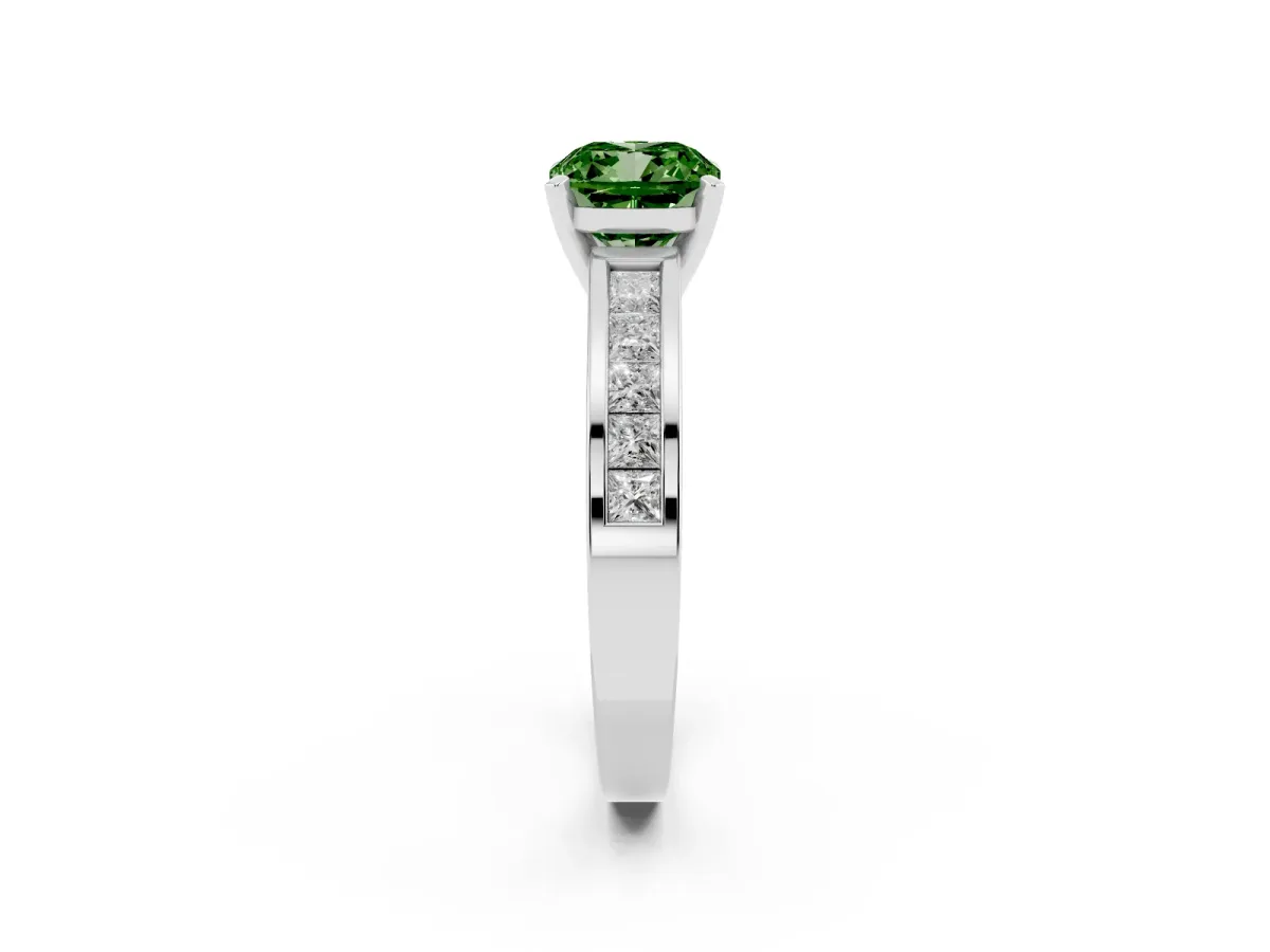 Fancy Green Cushion Cut Solitaire Diamond Ring with Channel-Set Band and Four-Prong Setting White gold
