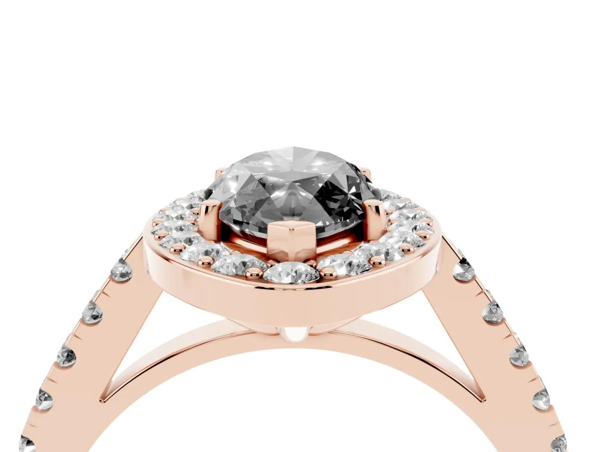 Fancy Black Marquise Cut Diamond Halo Ring with Round Pavé Split Shank and Prong Setting Rose gold