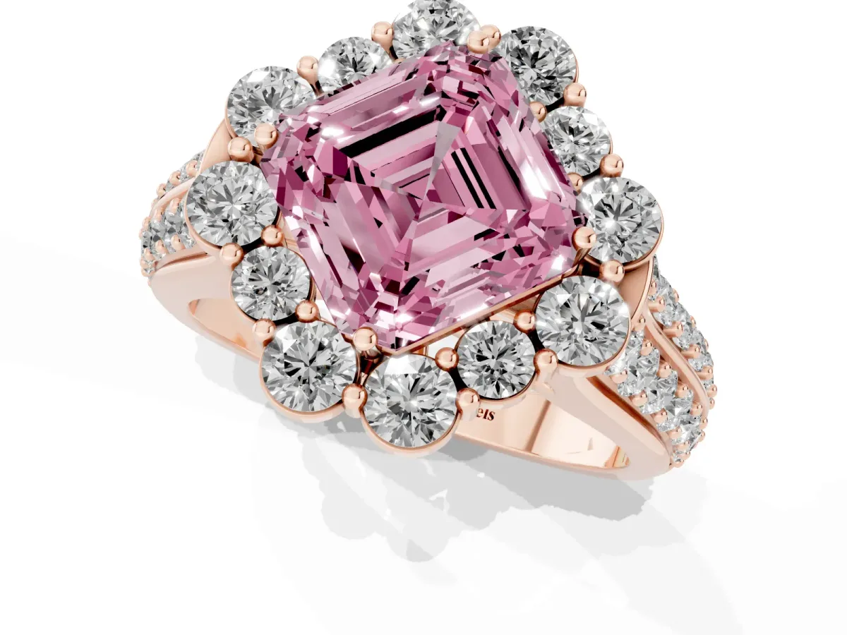 Fancy Pink Asscher Cut Halo Diamond Engagement Ring with Split Shank and Prong Setting Rose gold
