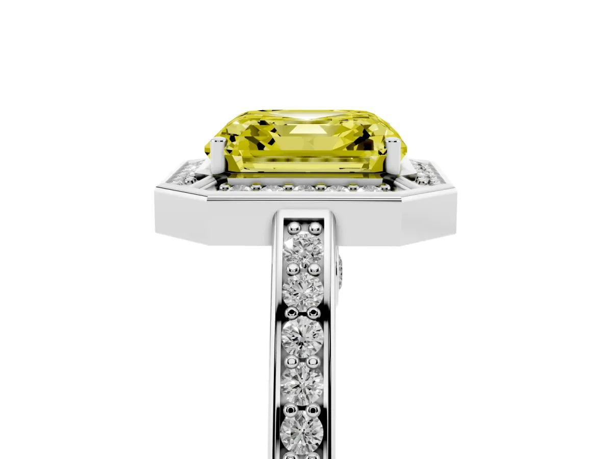 Fancy Yellow Asscher Cut Cut Halo Pave Split Shank Prong Setting Ring Silver