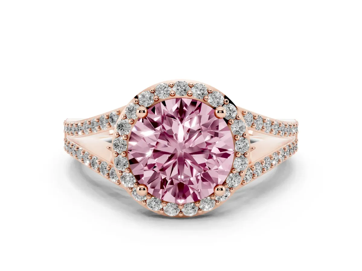 Fancy Pink Round Cut Halo Split Shank Pave Diamond Ring with Four-Prong Setting Rose gold