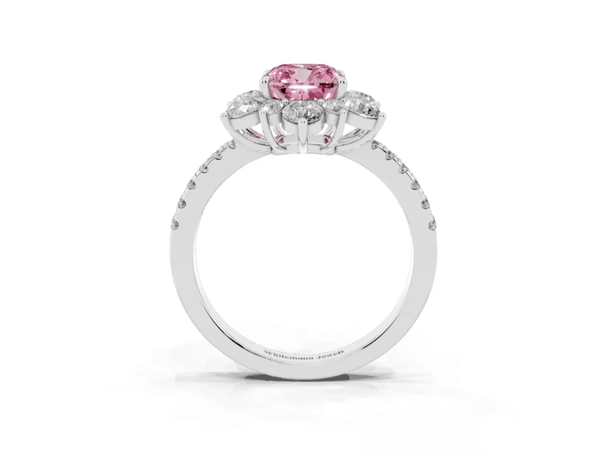 Fancy Pink Cushion Cut Diamond Floral Halo Ring with Round Pavé Band and Prong Setting Silver