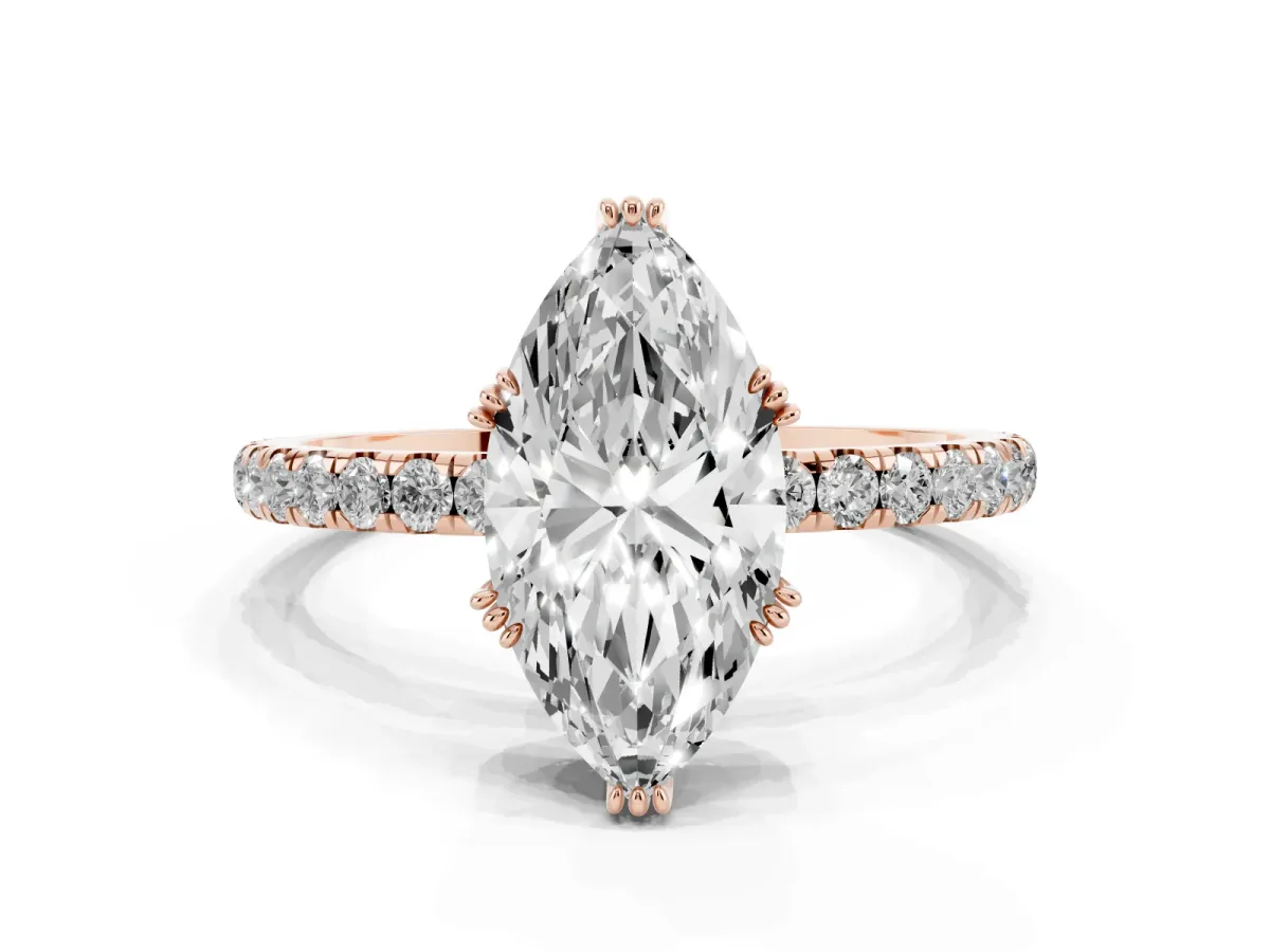 Marquise Cut Brilliant Solitaire with Pavé Band and Claw Prong Setting Rose gold