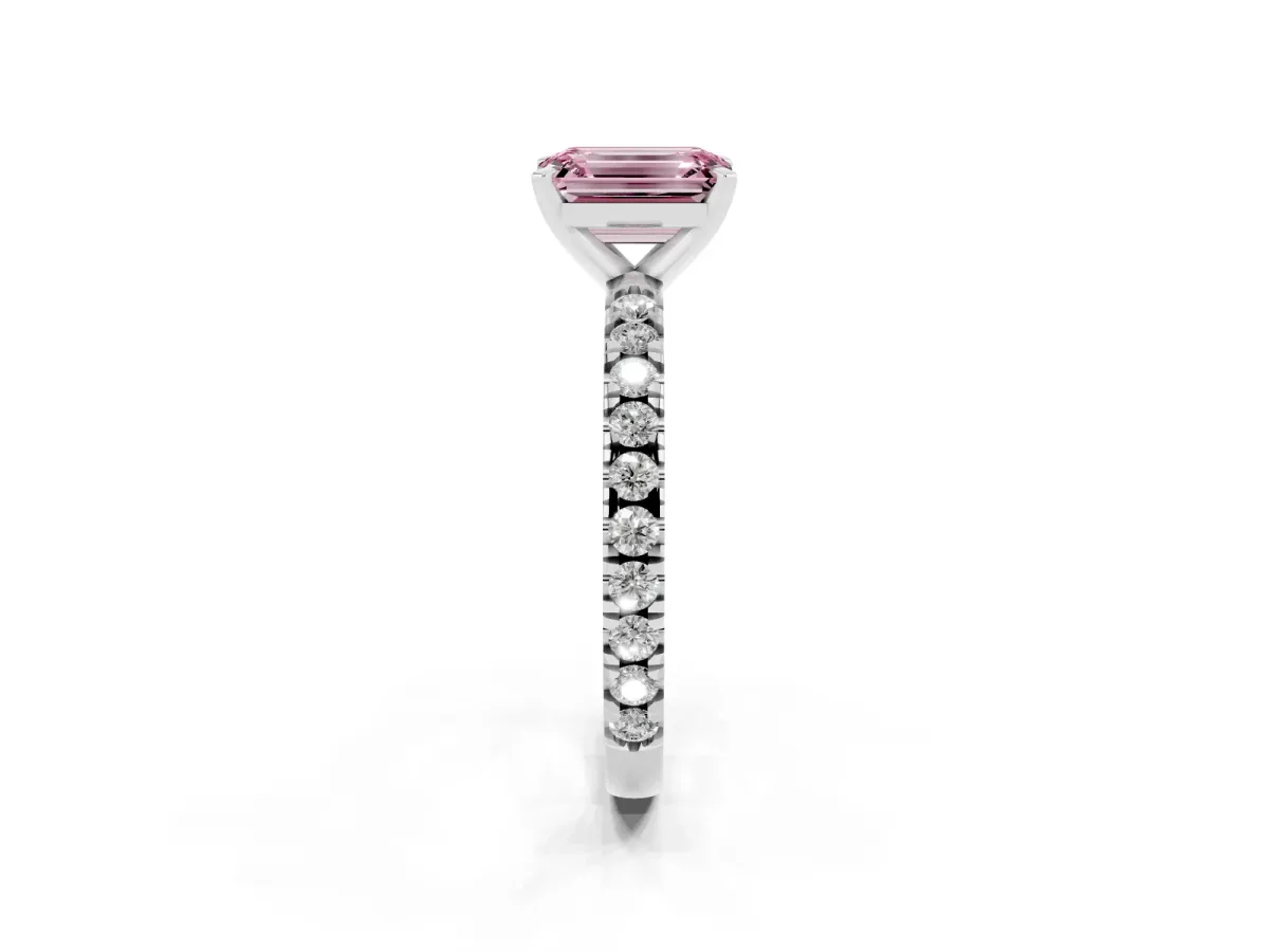 Fancy Pink Emerald Cut Diamond Pavé Band Solitaire with Four-Prong Setting Silver