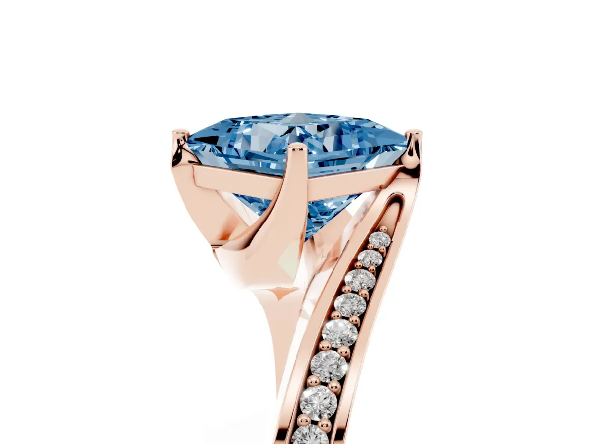 Fancy Blue Princess Cut Solitaire Diamond Twist Band with Pavé Setting and Four-Prong Setting Rose gold