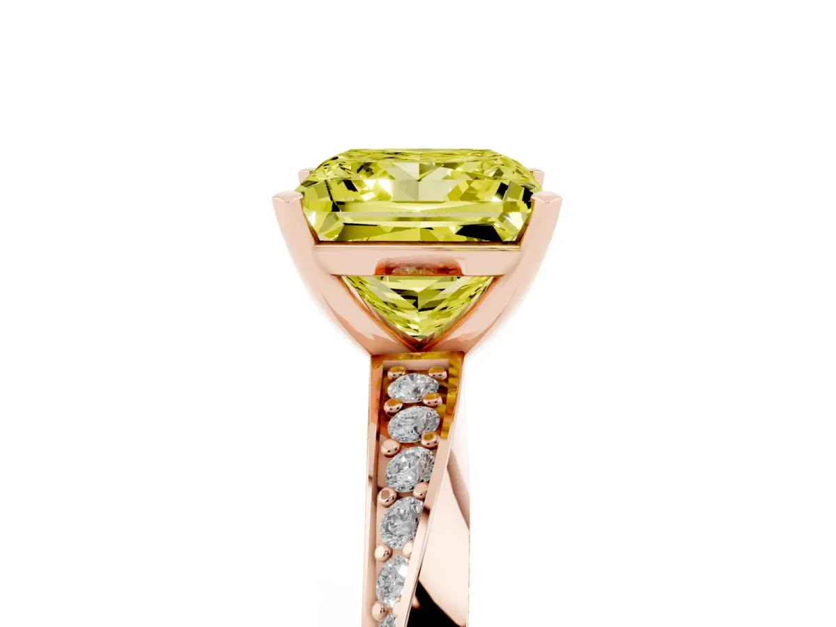 Fancy Yellow Princess Cut Diamond Engagement Ring with Side Stone Accents and Four-Prong Setting Rose gold
