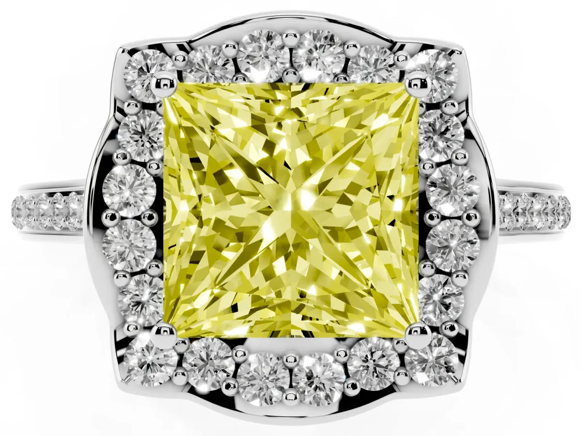 Fancy Yellow Princess Cut Halo Round Diamond Pave Band with Four-Prong Setting White gold